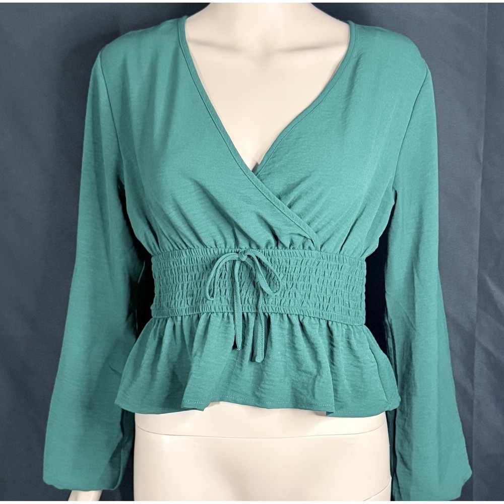 Emerald Green V-Neck Smocked-Waist Peplum Top Wrap-Style Bodice Drawstring Sz M
